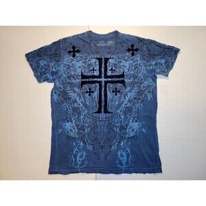Affliction Navy Blue Cross Wings Shirt‎ Velvet Double-sided Los Angeles Mens M